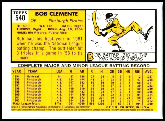 1998 Topps Commemorative Reprints Finest Refractors #9 Bob Clemente Pirates