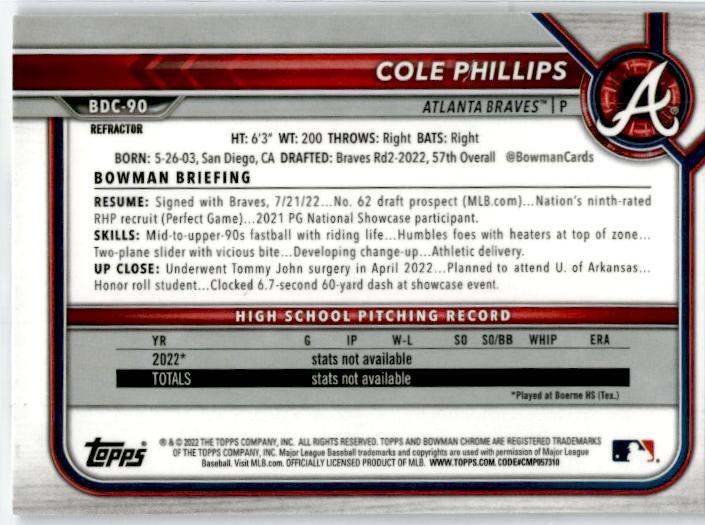 2022 Bowman Chrome Refractor 1st Bowman #BD-90 Cole Phillips Atlanta Braves