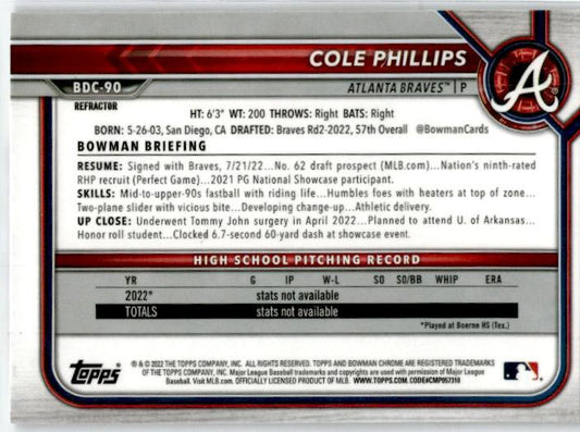 2022 Bowman Chrome Refractor 1st Bowman #BD-90 Cole Phillips Atlanta Braves
