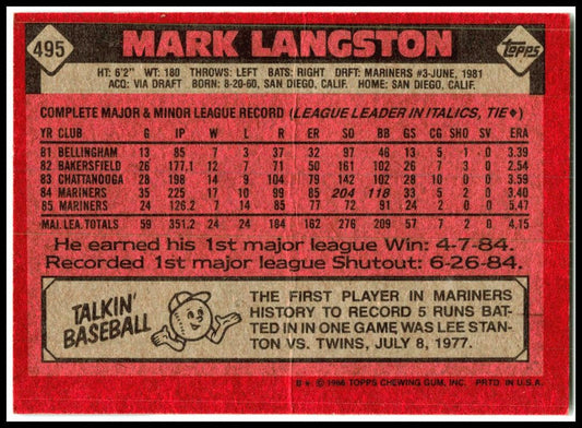 1986 Topps #495 Mark Langston Seattle Mariners