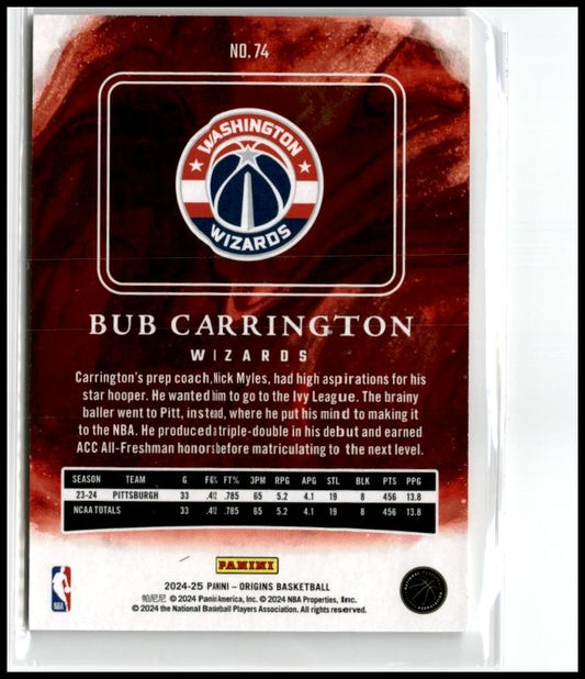 2024-25 Panini Origins #74 Bub Carrington Rookie Washington Wizards