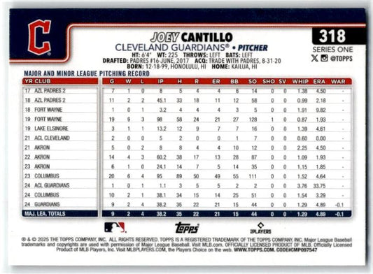 2025 Topps Rainbow Foil #318 Joey Cantillo Cleveland Guardians