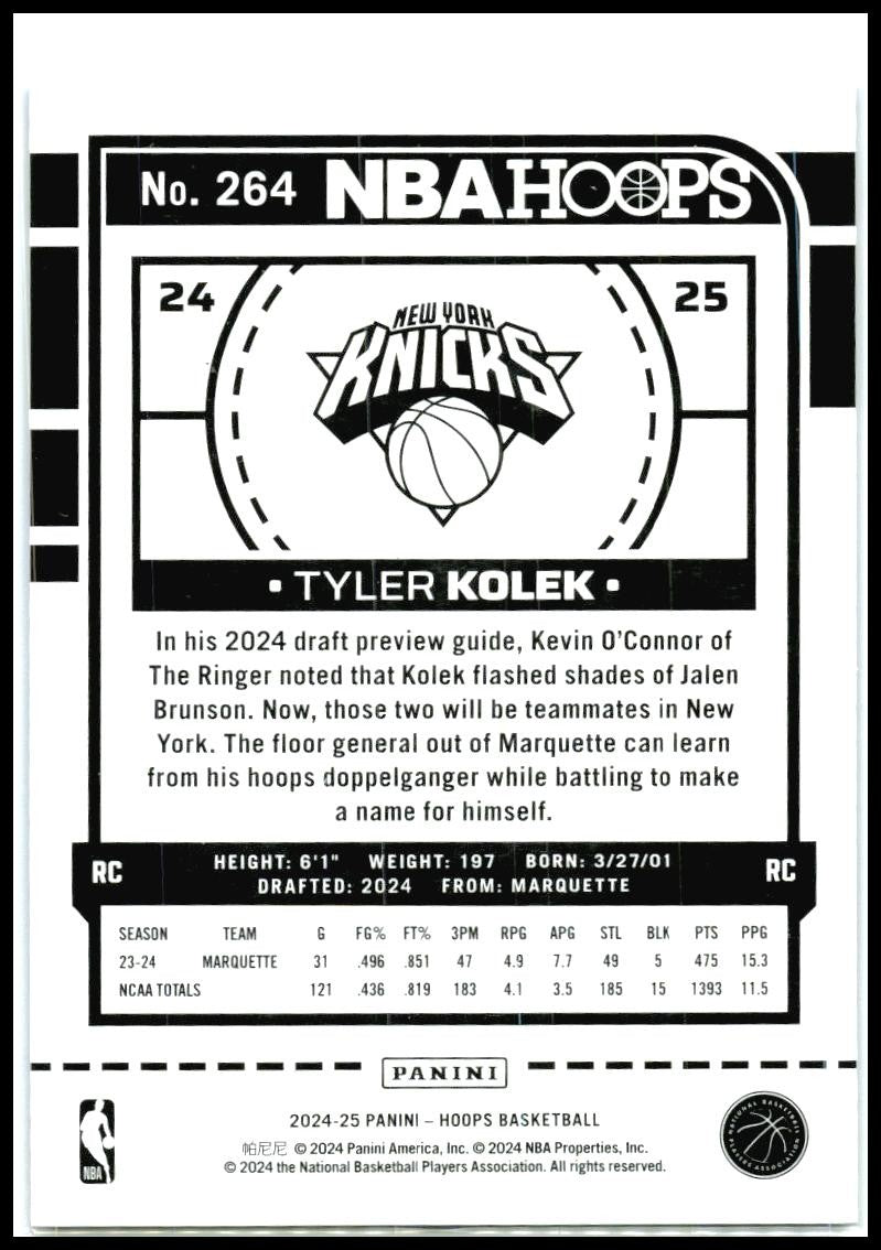 2024-25 Hoops Blue Scope #264 Tyler Kolek Rookie #/99 New York Knicks
