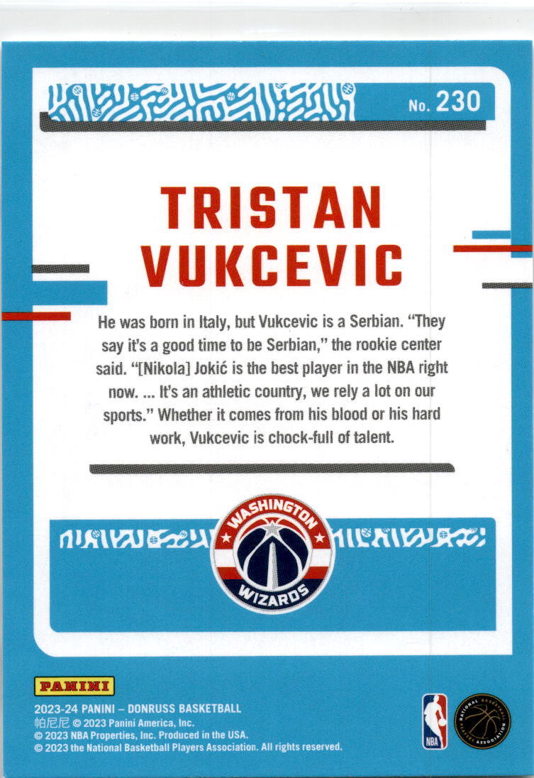 2023-24 Donruss #230 Tristan Vukcevic Rookie Washington Wizards