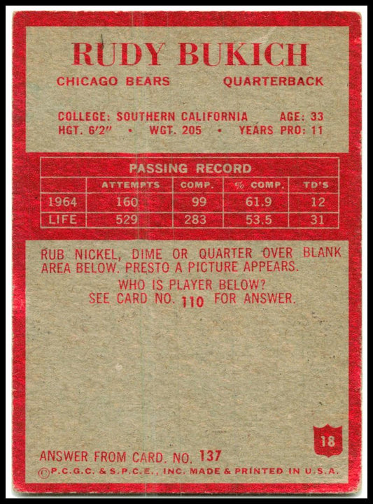 1965 Philadelphia #18 Rudy Bukich Rookie Chicago Bears