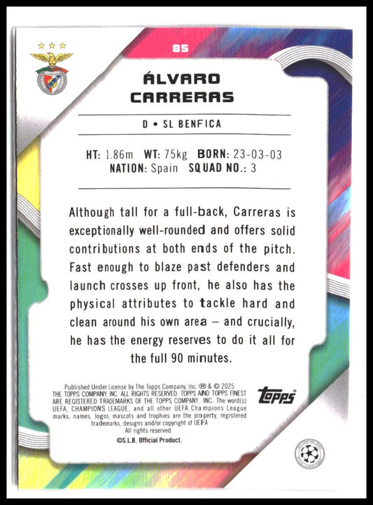 Álvaro Carreras #85 2024-25 Finest UEFA Club Competitions Rookie RC