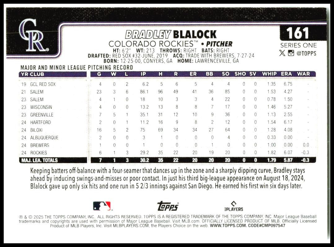 2025 Topps #161 Bradley Blalock Rookie Colorado Rockies