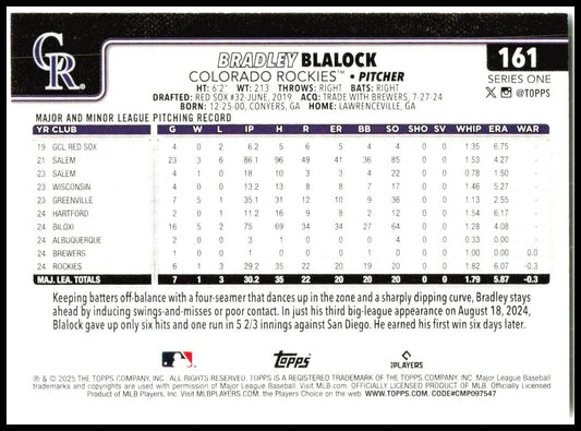 2025 Topps #161 Bradley Blalock Rookie Colorado Rockies