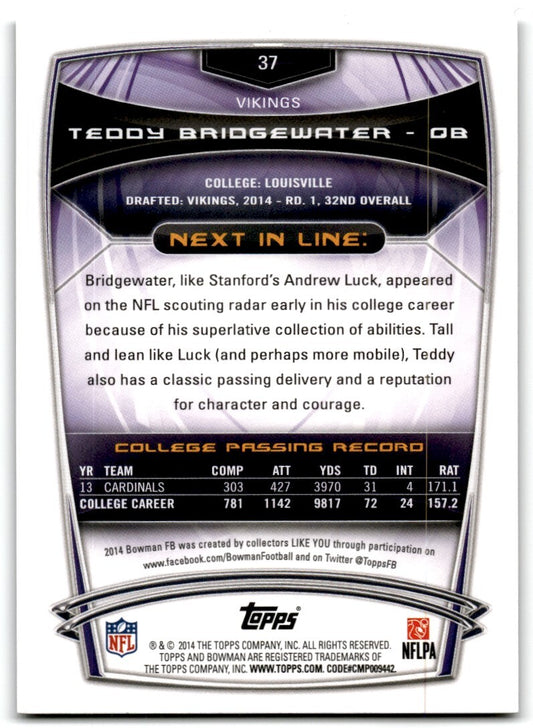 2014 Bowman Rookies Black Teddy Bridgewater Rookie Minnesota Vikings #37