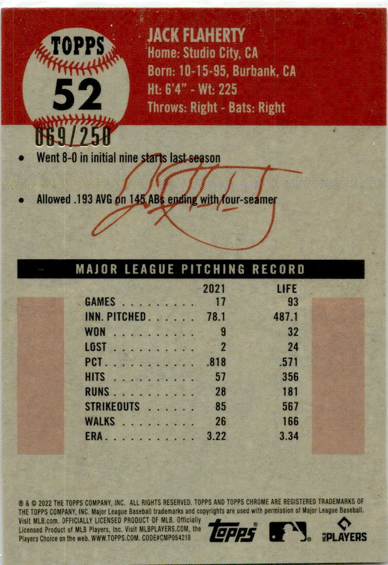 2022 Topps Chrome Platinum Raywave Gold #52 Jack Flaherty Los Angeles Dodgers