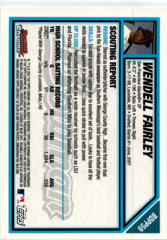 2007 Bowman Draft Picks & Prospects #BDPP59 Wendell Fairley San Francisco Giants