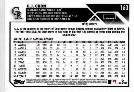 2023 Topps Chrome Purple Sonar Refractor #160 C.J. Cron #/275 Colorado Rockies