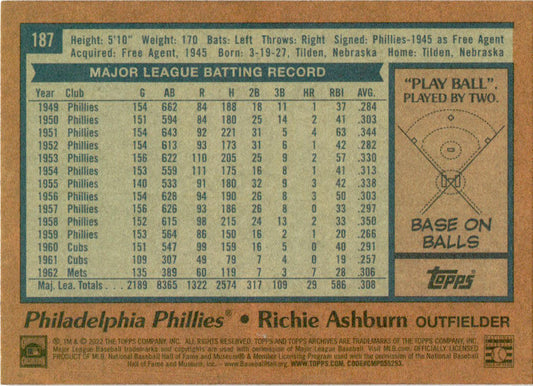 2022 Topps Archives #187 Richie Ashburn 1978 Topps Design Philadelphia Phillies