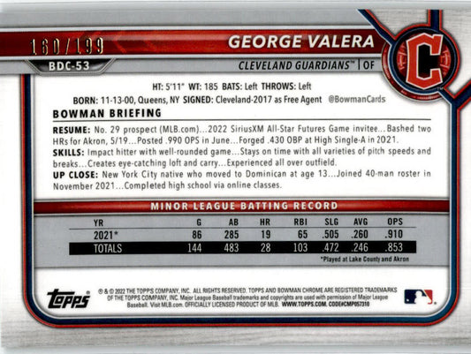 2022 Bowman Draft Chrome Aqua Lava #BDC-53 George Valera /199 Guardians