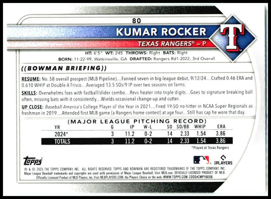 2025 Bowman #80 Kumar Rocker Rookie Texas Rangers
