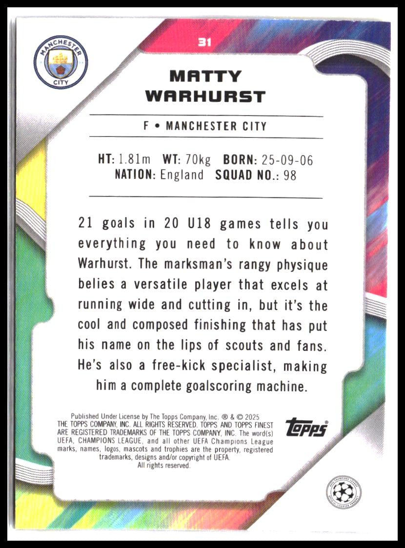 Matty Warhurst #31 2024-25 Finest UEFA Club Competitions Rookie RC
