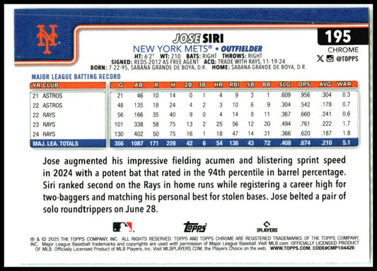 2025 Topps Chrome Prism Refractors #195 Jose Siri New York Mets