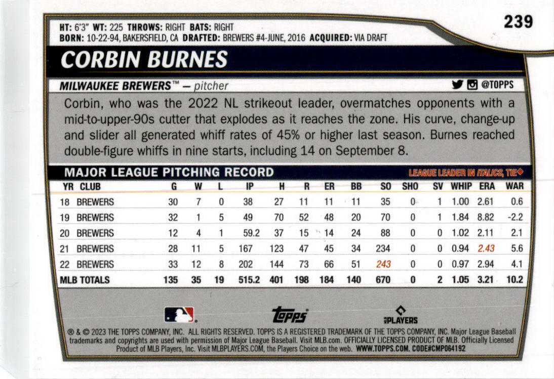 2023 Topps Big League Rainbow Foil #239 Corbin Burnes Milwaukee Brewers