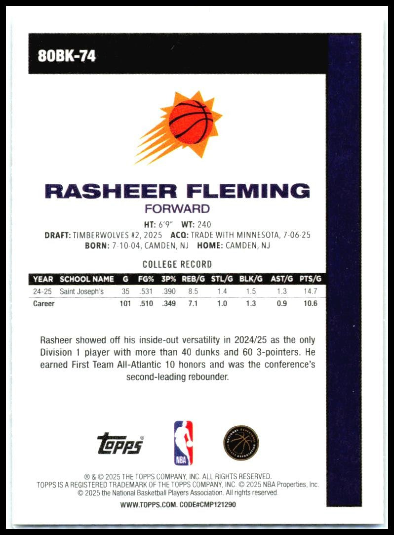 2025-26 Topps 1980-81 Topps Basketball #80BK-74 Rasheer Fleming Phoenix Suns