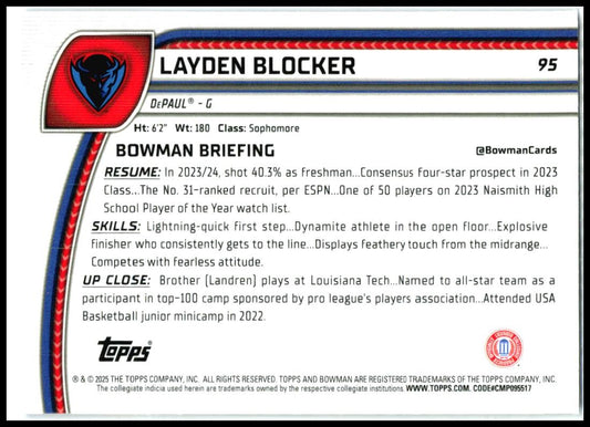 2024-25 Bowman University Chrome Purple Lava Refractor #95 Layden Blocker DePaul