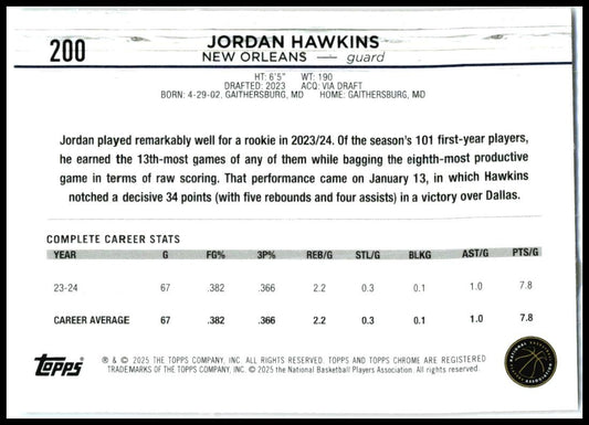 2024-25 Topps Chrome Pink Refractor #200 Jordan Hawkins New Orleans Pelicans