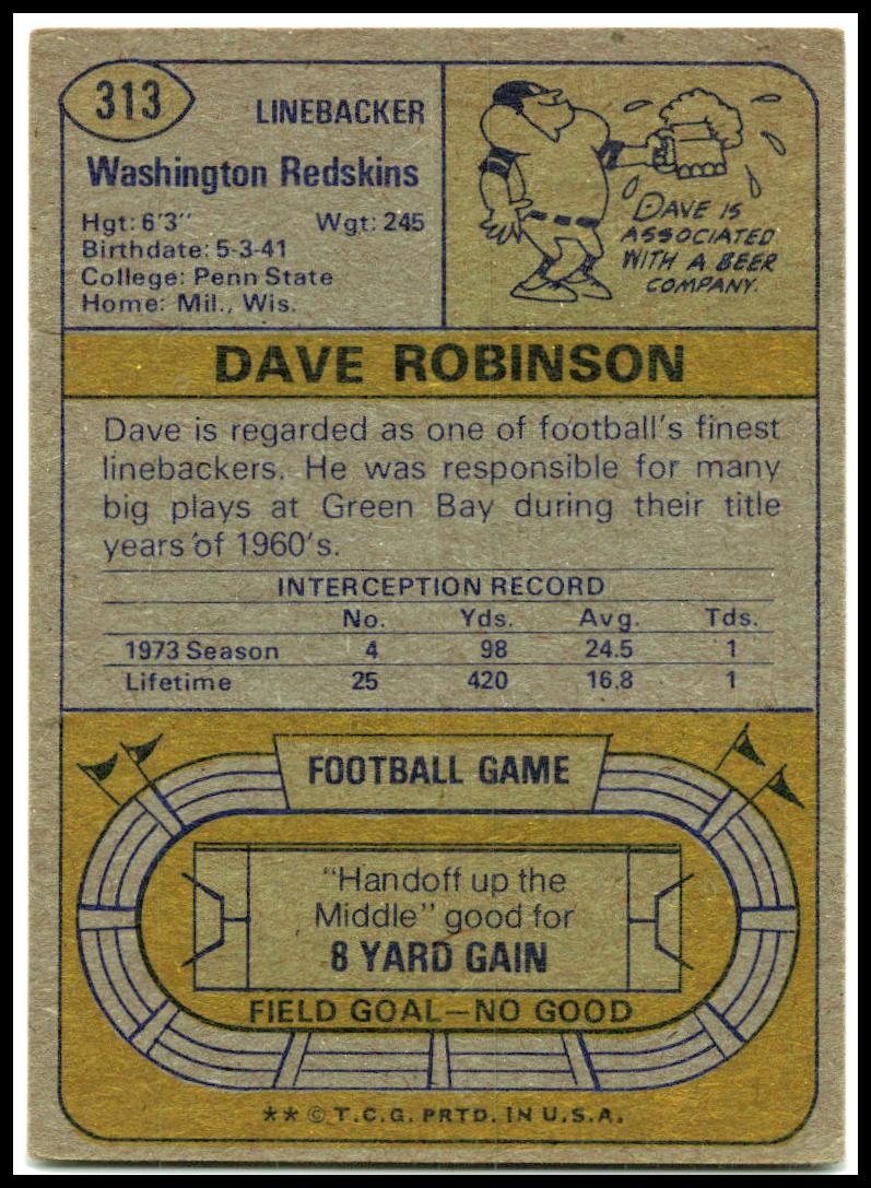 1974 Topps #313 Dave Robinson Washington Redskins