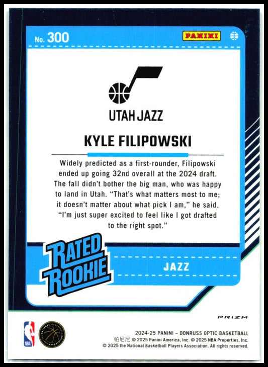 2024-25 Donruss Optic Purple #300 Kyle Filipowski Rookie Utah Jazz