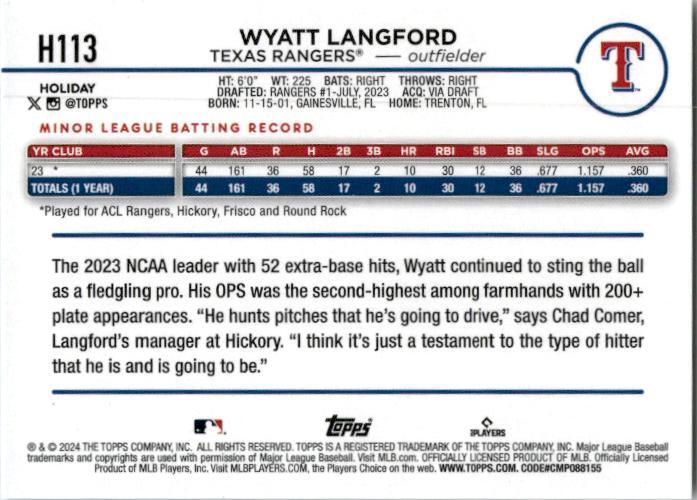 2024 Topps Holliday Antlers Variation #H113 Wyatt Langford Texas Ranger