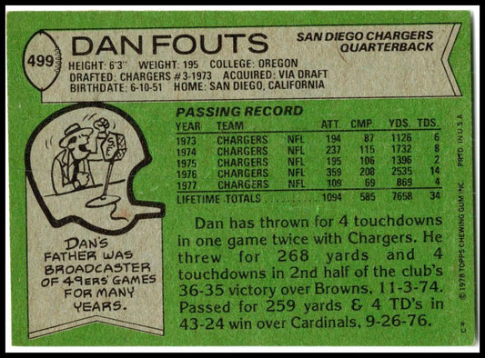 1978 Topps #499 Dan Fouts San Diego Chargers