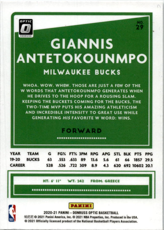 2020-21 Donruss Optic #29 Giannis Antetokounmpo Milwaukee Bucks