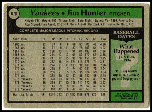 1979 Topps #670 Jim Hunter New York Yankees