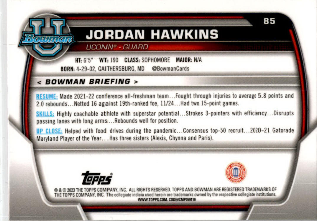 2022-23 Bowman University Chrome Pink #85 Jordan Hawkins New Orleans Pelicans