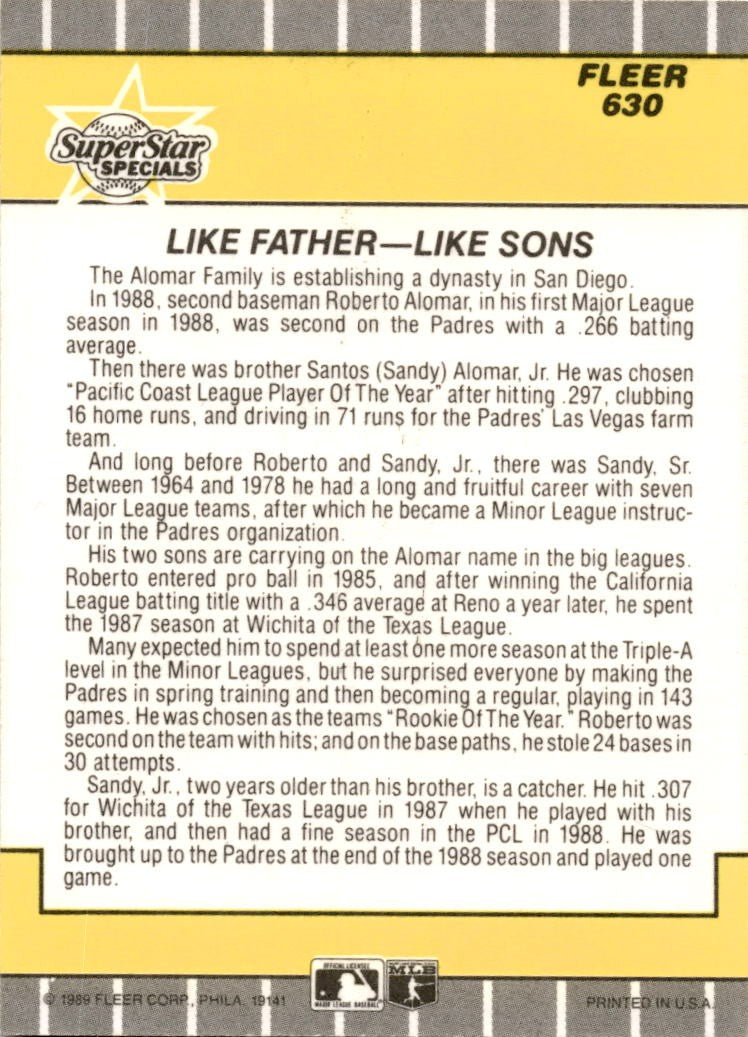 1989 Fleer #630 Roberto Alomar / Sandy Alomar SD Padres