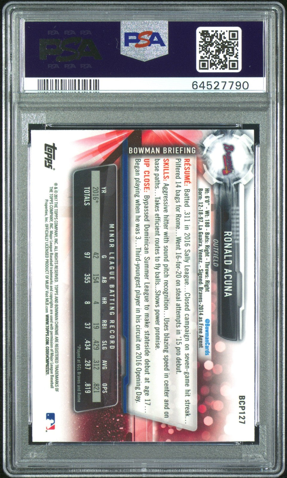 2017 Bowman Prospects Prospects-Chrome #BCP127 Ronald Acuna Braves PSA 10