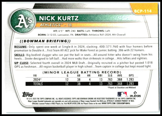 2025 Bowman Chrome Reptilian Blue Refractor #BCP-114 Nick Kurtz /150 Athletics