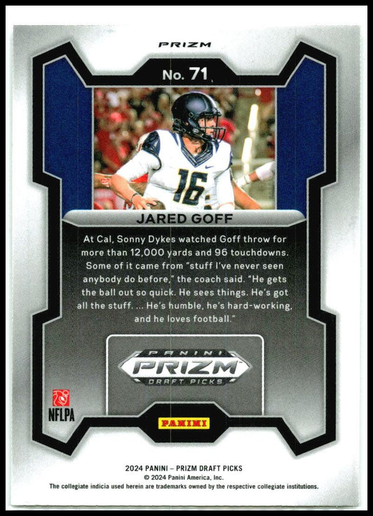 2024 Panini Prizm Draft Picks Silver #71 Jared Goff California Golden Bears