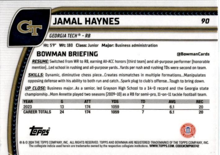 2024 Bowman Chrome University Purple Shimmer #90 Jamal Haynes Georgia Tech