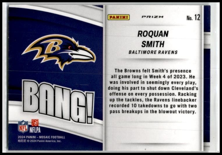 2024 Panini Mosaic Bang! Mosaic Green #12 Roquan Smith Baltimore Ravens