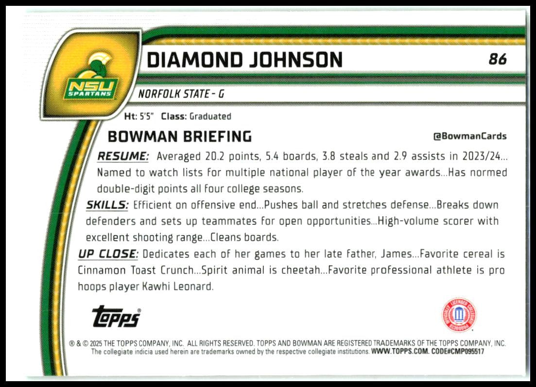 2024-25 Bowman University Chrome Green Shimmer #86 Diamond Johnson Spartans