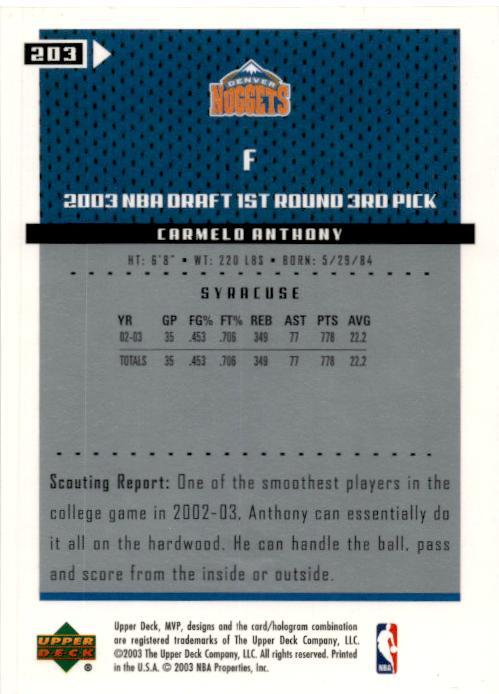 2003-04 Upper Deck MVP #203 Carmelo Anthony Rookie Denver Nuggets