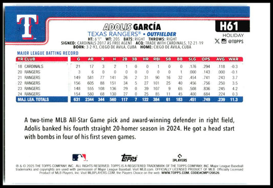 2025 Topps Holiday Blue Metallic Glitter Holiday #H61 Adolis García Texas