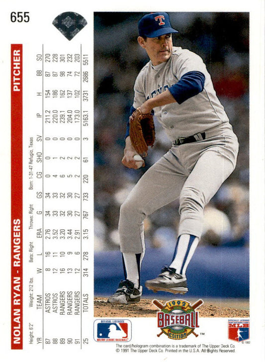 1992 Upper Deck #655 Nolan Ryan Texas Rangers