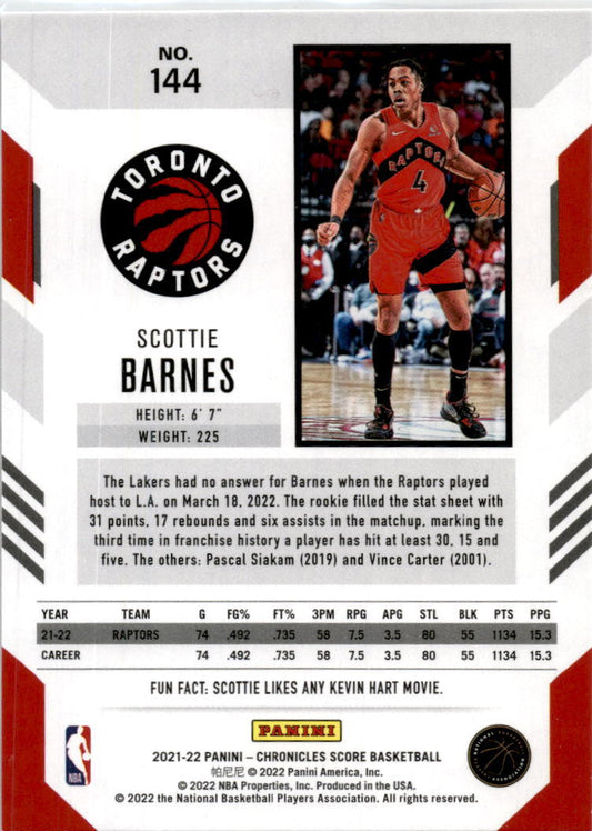 2021-22 Panini Chronicles #144 Scottie Barnes Toronto Raptors
