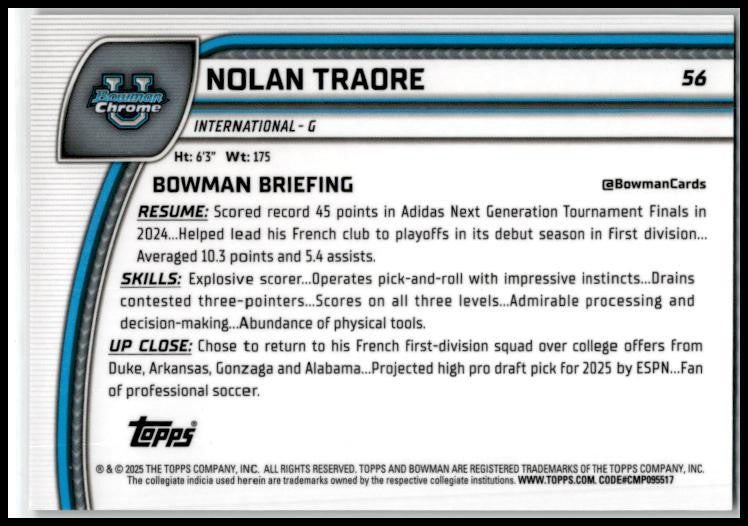 2024-25 Bowman University Chrome Black Wave #56 Nolan Traore Saint-Quentin