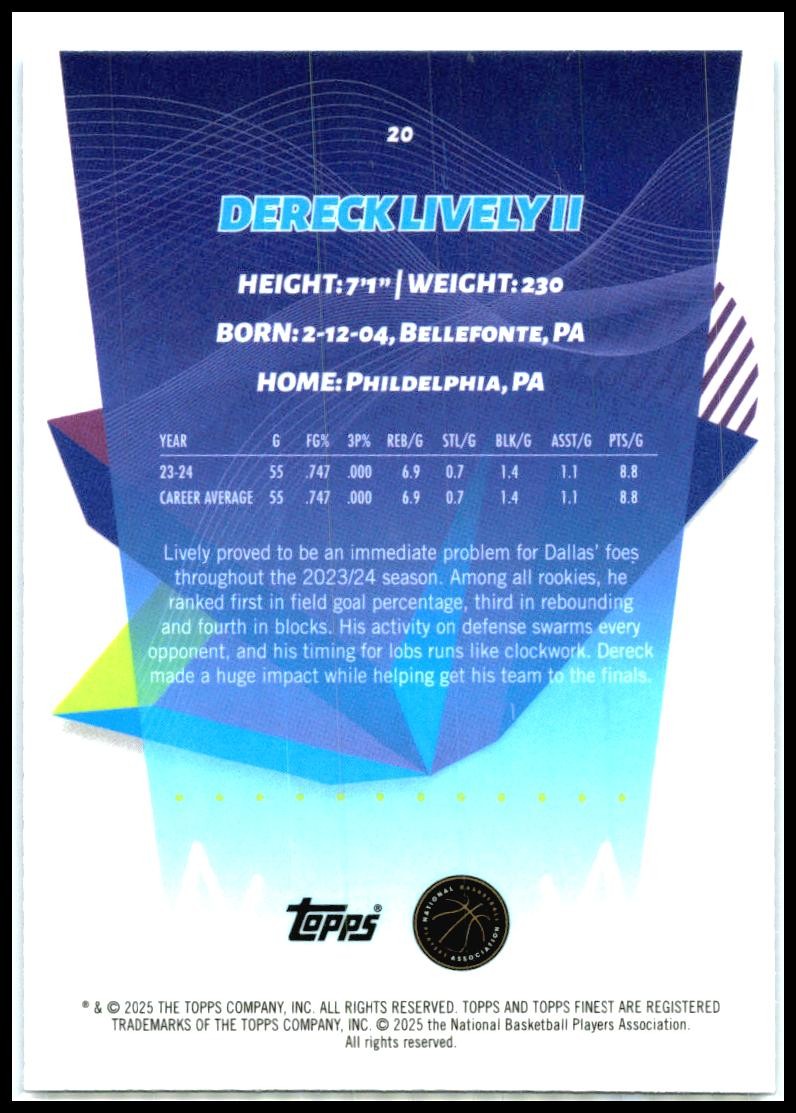 2024-25 Topps Finest Blue X-Fractor /99 #20 Dereck Lively Dallas