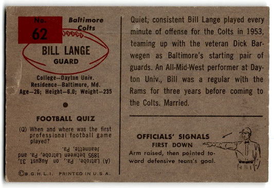 1954 Bowman Bill Lange Baltimore Colts #62