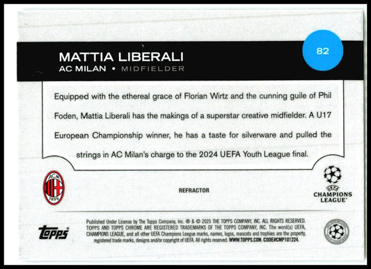 2024-25 Topps Chrome UEFA Club Competitions Refractor #82 Mattia Liberali Rookie