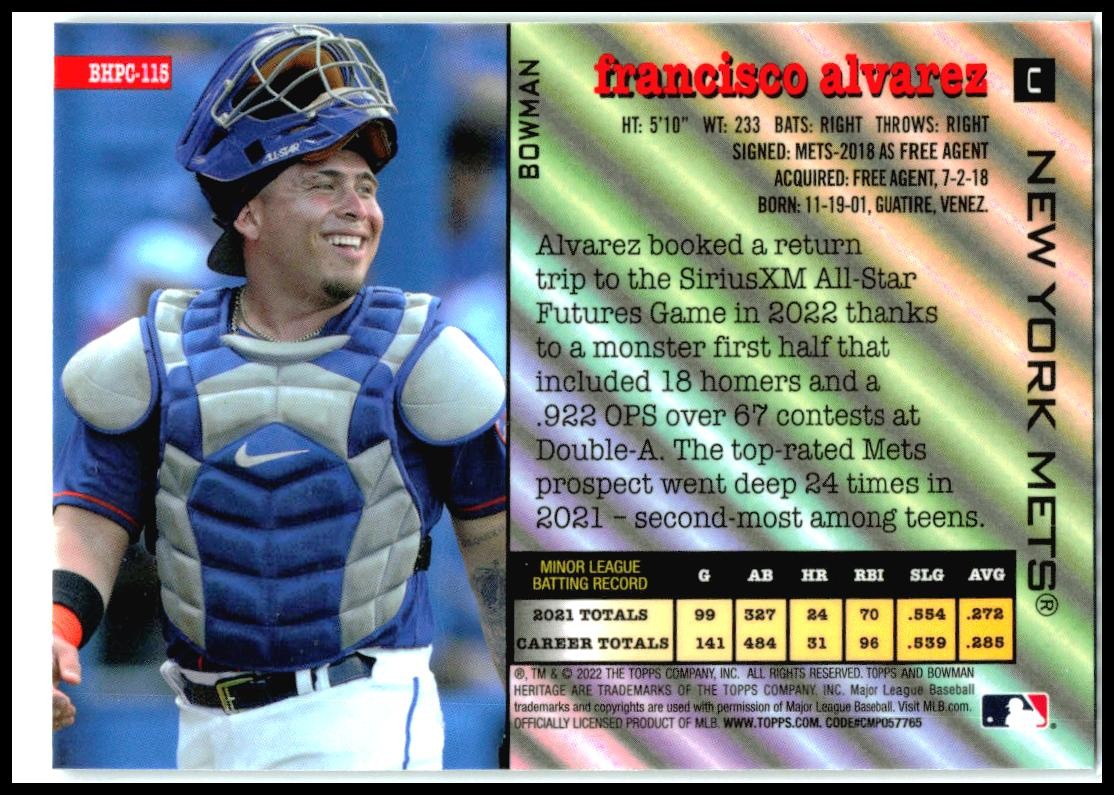 2022 Bowman Heritage Chrome Prospects #BHPC-115 Francisco Alvarez New York Mets