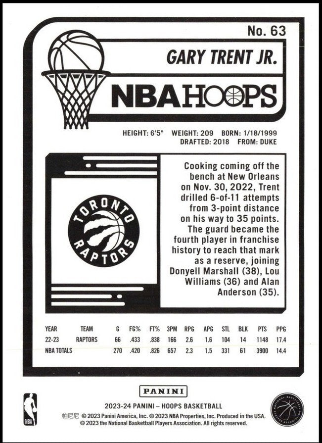 2023-24 Hoops Winter #63 Gary Trent Jr. Toronto Raptors