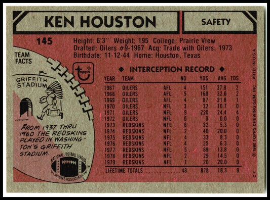 1980 Topps #145 Ken Houston Washington Redskins